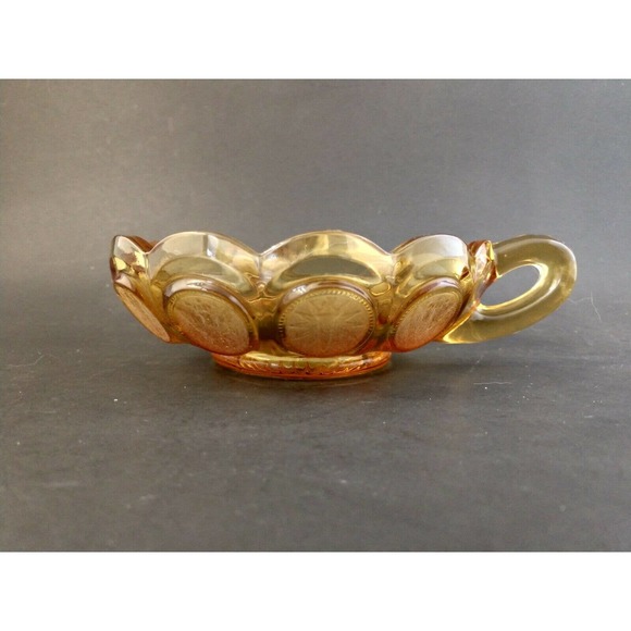 VINTAGE Fostoria Coin Dot Single Handled Candy Dish Amber Fall Decor Elegant - Picture 1 of 9